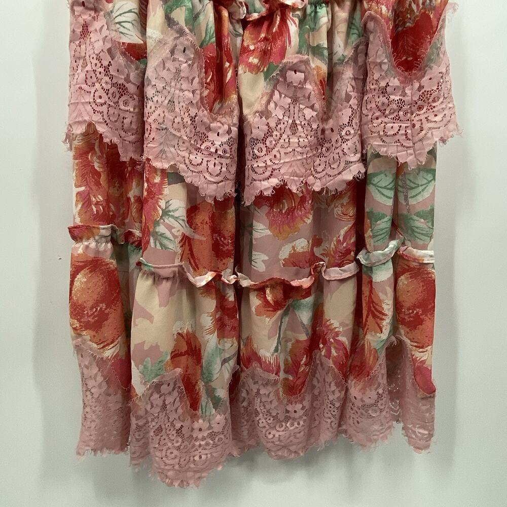 Champagne & Strawberry Maxi Dress Small Off Shoulder Pink Floral Chiffon Peasant - Picture 12 of 16